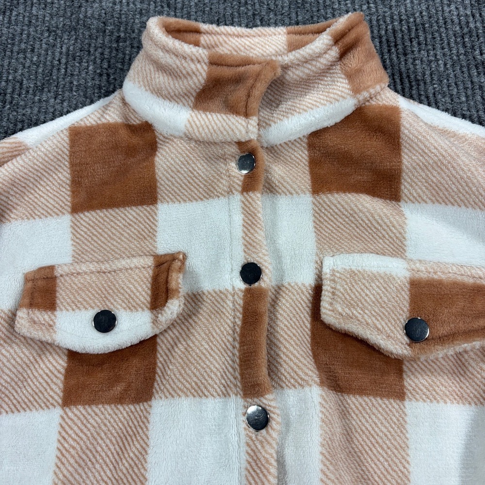 SHEIN‎ Fleece Cropped Jacket Womens L Tan White Buffalo Plaid Button Shacket
